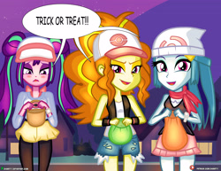 Size: 4000x3090 | Tagged: safe, artist:dieart77, imported from derpibooru, adagio dazzle, aria blaze, sonata dusk, equestria girls, clothes, clothes swap, costume, dialogue, digital art, female, halloween, halloween costume, holiday, pokémon, smiling, the dazzlings, trick or treat