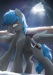 Size: 1626x2300 | Tagged: safe, artist:fidzfox, derpibooru exclusive, edit, editor:maonyman, imported from derpibooru, oc, oc only, oc:lodestone, pegasus, pony, fanfic:where the heart lies, carrying, digital art, fanfic art, hole, log, male, open mouth, pose, solo, stallion