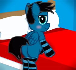 Size: 3600x3300 | Tagged: safe, artist:agkandphotomaker2000, imported from derpibooru, oc, oc only, oc:pony video maker, pegasus, pony, bed, bedroom, bedroom eyes, butt, clothes, male, plot, socks, solo, striped socks