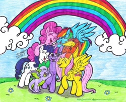 Size: 991x806 | Tagged: safe, artist:artistnjc, imported from derpibooru, applejack, fluttershy, pinkie pie, rainbow dash, rarity, spike, twilight sparkle, alicorn, dragon, earth pony, pegasus, unicorn, cloud, deviantart watermark, end of ponies, group hug, hug, mane six, mlp fim's ninth anniversary, obtrusive watermark, rainbow, smiling, traditional art, twilight sparkle (alicorn), watermark