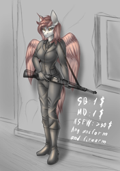 Size: 2400x3400 | Tagged: safe, artist:catd-nsfw, imported from derpibooru, alicorn, anthro, commission, gun, mauser 98k, solo, weapon, your character here