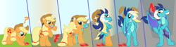 Size: 3981x1072 | Tagged: safe, artist:playfingers, imported from derpibooru, applejack, princess ember, dragon, earth pony, pony, bloodstone scepter, character to character, dragoness, female, gem, hat, mare, question mark, scepter, transformation, transformation sequence