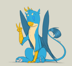 Size: 1200x1100 | Tagged: safe, artist:sinrar, imported from derpibooru, gallus, griffon, colored sketch, male, paw pads, peace sign, simple background, sitting, sketch, solo