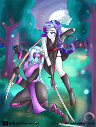 Size: 2121x2828 | Tagged: safe, alternate version, artist:attentte, imported from derpibooru, rarity, trixie, equestria girls, clothes, duo, female, forest, full moon, katana, kunoichi, moon, naginata, night, ninja, shuriken, sword, tree, weapon