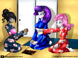 Size: 2828x2121 | Tagged: safe, artist:attentte, imported from derpibooru, rarity, sweetie belle, oc, oc:ebony darkness, equestria girls, chopsticks in hair, clothes, female, food, kneeling, tea, vaguely asian robe