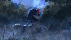 Size: 1191x671 | Tagged: safe, artist:icychamber, imported from derpibooru, king sombra, pony, unicorn, forest, lightning, male, rain, solo, stallion, tree