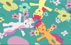 Size: 1491x942 | Tagged: safe, imported from derpibooru, screencap, apple bloom, scootaloo, sweetie belle, earth pony, pegasus, pony, unicorn, growing up is hard to do, being big is all it takes, bow, cropped, cute, cutie mark, cutie mark crusaders, eyes closed, female, flower, hair bow, lying down, mare, older, older apple bloom, older cmc, older scootaloo, older sweetie belle, smiling, trio