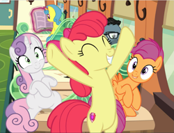 Size: 1229x940 | Tagged: safe, imported from derpibooru, screencap, apple bloom, down under, lemon hearts, scootaloo, sweetie belle, earth pony, pegasus, pony, unicorn, growing up is hard to do, adorabloom, bipedal, cropped, cute, cutie mark, cutie mark crusaders, eyes closed, female, friendship express, happy, hind legs, hooves in air, mare, older, older apple bloom, older cmc, older scootaloo, older sweetie belle, sitting, smiling, the cmc's cutie marks, trio focus