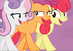 Size: 1339x940 | Tagged: safe, imported from derpibooru, screencap, apple bloom, scootaloo, sweetie belle, earth pony, pegasus, pony, unicorn, growing up is hard to do, being big is all it takes, cropped, cutie mark crusaders, female, lidded eyes, looking at each other, mare, older, older apple bloom, older cmc, older scootaloo, older sweetie belle, open mouth, trio, trotting