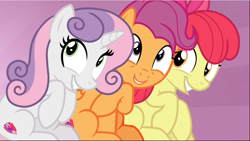Size: 1668x942 | Tagged: safe, imported from derpibooru, screencap, apple bloom, scootaloo, sweetie belle, earth pony, pegasus, pony, unicorn, growing up is hard to do, adorabloom, being big is all it takes, cropped, cute, cutealoo, cutie mark, cutie mark crusaders, diasweetes, excited, female, mare, older, older apple bloom, older cmc, older scootaloo, older sweetie belle, sitting, smiling, the cmc's cutie marks, trio