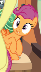 Size: 413x710 | Tagged: safe, imported from derpibooru, screencap, apple bloom, scootaloo, earth pony, pegasus, pony, growing up is hard to do, cropped, cute, cutealoo, female, friendship express, happy, mare, offscreen character, older, older scootaloo, sitting, solo focus