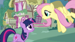 Size: 1280x720 | Tagged: safe, edit, edited screencap, imported from derpibooru, screencap, fluttershy, twilight sparkle, pegasus, pony, unicorn, stare master, animated, duo, duo female, female, fluttershy's cottage, flying, implied zecora, mare, sound, static, text to speech, unicorn twilight, webm, youtube link
