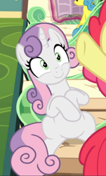 Size: 490x812 | Tagged: safe, imported from derpibooru, screencap, apple bloom, sweetie belle, earth pony, pony, unicorn, growing up is hard to do, cropped, female, friendship express, mare, offscreen character, older, older sweetie belle, sitting, smiling, solo focus