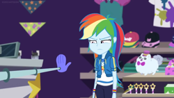 Size: 1600x900 | Tagged: safe, imported from derpibooru, screencap, rainbow dash, dog, equestria girls, equestria girls series, holidays unwrapped, spoiler:eqg series (season 2), cap, clothes, female, geode of super speed, hand, hat, magical geodes, shelf, shirt, shop, solo, staff, stars, toy, unamused, unimpressed, wand, wristband