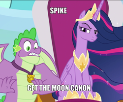 Size: 1303x1078 | Tagged: safe, edit, edited screencap, imported from derpibooru, screencap, spike, twilight sparkle, alicorn, the last problem, cannon, caption, cropped, crown, gigachad spike, image macro, jewelry, meme, misspelling, older, older spike, princess twilight 2.0, regalia, text, this will end in tears and/or a journey to the moon, to the moon, twilight sparkle (alicorn)