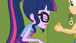Size: 1600x900 | Tagged: safe, imported from derpibooru, screencap, applejack, sci-twi, twilight sparkle, equestria girls, equestria girls series, holidays unwrapped, spoiler:eqg series (season 2), bowtie, cellphone, female, glasses, lockers, phone, ponytail, squint, stare