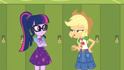Size: 1600x900 | Tagged: safe, imported from derpibooru, screencap, applejack, sci-twi, twilight sparkle, human, equestria girls, equestria girls series, holidays unwrapped, spoiler:eqg series (season 2), belt, bowtie, cellphone, clothes, cowboy hat, crossed arms, denim skirt, duo, duo female, eye contact, eyebrows, female, freckles, frown, glasses, hand on hip, hat, lockers, looking at each other, looking at someone, miniskirt, open mouth, phone, ponytail, skirt, stetson