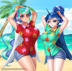 Size: 1100x1072 | Tagged: safe, artist:racoonsan, imported from derpibooru, princess celestia, princess luna, alicorn, human, between dark and dawn, alicorn humanization, alternate hairstyle, anime, armpits, beach, breasts, clothes, cute, cutelestia, duo, female, hair bun, hawaiian shirt, horn, horned humanization, humanized, lunabetes, mare, nail polish, ocean, open mouth, palm tree, royal sisters, shirt, siblings, sisters, tree, winged humanization, wings