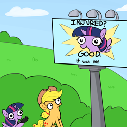 Size: 3000x3000 | Tagged: safe, artist:tjpones, artist:tjpones edits, edit, imported from derpibooru, applejack, twilight sparkle, alicorn, pegasus, pony, sparkles! the wonder horse!, behind you, billboard, derp, female, frown, gun, handgun, hoof hold, imminent death, imminent murder, imminent pain, mare, meme, pistol, sitting, smiling, this will end in death, this will end in tears, this will end in tears and/or death, twibitch sparkle, twilight sparkle (alicorn), weapon, wide eyes