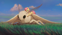 Size: 1920x1080 | Tagged: safe, artist:quvr, imported from derpibooru, fluttershy, giant moth, insect, moth, pegasus, pony, female, fluffy, giant insect, looking at you, mare, one eye closed, size difference, smiling, solo