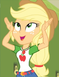 Size: 690x900 | Tagged: safe, edit, edited screencap, imported from derpibooru, screencap, applejack, equestria girls, equestria girls series, holidays unwrapped, spoiler:eqg series (season 2), applejack's hat, clothes, cowboy hat, cropped, cute, denim skirt, female, geode of super strength, hands on head, happy, hat, jackabetes, magical geodes, skirt, solo