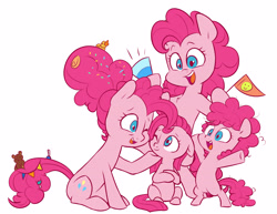 Size: 4338x3355 | Tagged: safe, artist:chub-wub, imported from derpibooru, part of a set, pinkie pie, earth pony, pony, the last problem, age progression, bipedal, cute, diapinkes, female, filly, filly pinkie pie, flag, mare, multeity, older, older pinkie pie, one eye closed, open mouth, party horn, pinkamena diane pie, self ponidox, simple background, smiling, solo, too much pink energy is dangerous, white background, younger