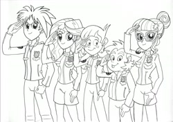 Size: 2414x1700 | Tagged: safe, artist:jmkplover, imported from derpibooru, sci-twi, snails, snips, sunset shimmer, twilight sparkle, oc, oc:roy starfall, equestria girls, group shot, keisatsu sentai patranger, lineart, monochrome, patranger, police officer, super sentai