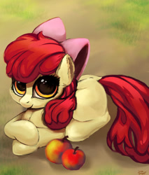 Size: 1460x1711 | Tagged: safe, artist:tijopi, imported from derpibooru, apple bloom, earth pony, pony, adorabloom, apple, blank flank, cute, dock, ear fluff, female, filly, food, looking at you, prone, solo