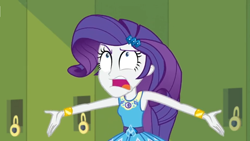 Size: 1600x900 | Tagged: safe, imported from derpibooru, screencap, rarity, equestria girls, equestria girls series, holidays unwrapped, spoiler:eqg series (season 2), braces, clothes, dress, faic, female, geode of shielding, lockers, looking up, magical geodes, open mouth, solo