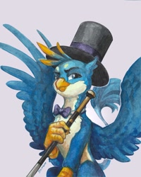 Size: 1280x1603 | Tagged: safe, artist:jewellier, imported from derpibooru, gallus, griffon, bowtie, cane, classy, dapper, hat, male, quadrupedal, simple background, smiling, solo, spread wings, top hat, traditional art, white background, wings