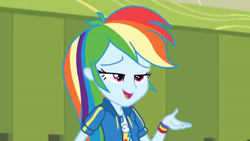 Size: 1600x900 | Tagged: safe, imported from derpibooru, screencap, rainbow dash, equestria girls, equestria girls series, holidays unwrapped, spoiler:eqg series (season 2), bedroom eyes, female, geode of super speed, lockers, magical geodes, wristband