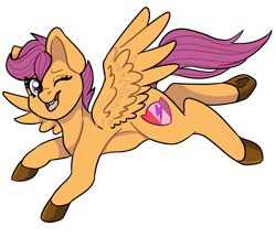 Size: 2000x1800 | Tagged: safe, artist:booozzerd, imported from derpibooru, scootaloo, pegasus, pony, colored hooves, cute, cutealoo, female, filly, one eye closed, open mouth, simple background, solo, spread wings, transparent background, wings, wink