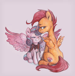 Size: 1872x1892 | Tagged: safe, artist:jewellier, imported from derpibooru, princess flurry heart, scootaloo, alicorn, pegasus, pony, cape, clothes, cute, eyes closed, female, flurrybetes, gray background, large wings, lidded eyes, looking back, mare, older, older flurry heart, older scootaloo, scootaloo can't fly, scootaloo will never fly, simple background, sitting, smiling, the cmc's cutie marks, traditional art, white background, wing envy, wings