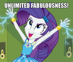 Size: 1208x1024 | Tagged: safe, edit, edited screencap, imported from derpibooru, screencap, rarity, equestria girls, equestria girls series, holidays unwrapped, spoiler:eqg series (season 2), armpits, arms in the air, bracelet, canterlot high, caption, cropped, emperor palpatine, excited, fabulous, female, force lightning, geode of shielding, hallway, image macro, jewelry, lightning, lockers, mad with power, magical geodes, meme, o come all ye squashful, open mouth, open smile, sith, smiling, solo, star wars, text, unlimited power