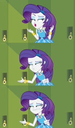 Size: 1600x2698 | Tagged: safe, edit, edited screencap, imported from derpibooru, screencap, rarity, equestria girls, equestria girls series, holidays unwrapped, spoiler:eqg series (season 2), braces, clothes, comic, dress, faic, geode of shielding, lockers, magical geodes, pronunciation, screencap comic, teeth, unsure