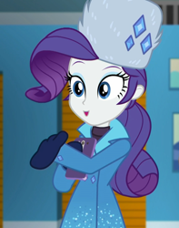 Size: 852x1080 | Tagged: safe, imported from derpibooru, screencap, rarity, equestria girls, equestria girls series, holidays unwrapped, spoiler:eqg series (season 2), beautiful, cellphone, clothes, cropped, cute, fabulous, female, hat, mittens, phone, raribetes, rarity's winter hat, self-storage facility, smartphone, solo, sweater, turtleneck, ushanka, winter break-in, winter coat, winter hat, winter outfit