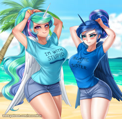 Size: 1100x1072 | Tagged: safe, alternate version, artist:racoonsan, imported from derpibooru, princess celestia, princess luna, alicorn, human, between dark and dawn, alicorn humanization, alternate hairstyle, anime, beach, blame my sister, breasts, busty princess celestia, busty princess luna, clothes, cute, cutelestia, duo, female, hair bun, horn, horned humanization, humanized, i'm with stupid, lunabetes, magic shirt, mare, nail polish, ocean, open mouth, palm tree, passive aggressive, royal sisters, shirt, tree, winged humanization, wings