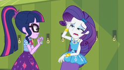 Size: 1600x900 | Tagged: safe, imported from derpibooru, screencap, rarity, sci-twi, twilight sparkle, equestria girls, equestria girls series, holidays unwrapped, spoiler:eqg series (season 2), bowtie, braces, cellphone, clothes, dress, faic, faint, female, geode of shielding, geode of telekinesis, glasses, lockers, magical geodes, phone, ponytail, skirt