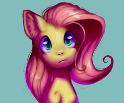 Size: 1885x1562 | Tagged: safe, artist:bunniary, imported from derpibooru, fluttershy, pegasus, pony, blue background, bust, cute, female, front view, full face view, head tilt, looking at you, mare, no more ponies at source, portrait, shyabetes, signature, simple background, solo, stray strand