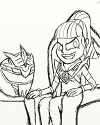 Size: 2400x3000 | Tagged: safe, artist:saburodaimando, imported from derpibooru, sci-twi, twilight sparkle, equestria girls, helmet, lady drakkon, lord drakkon, pencil drawing, power rangers, preview, sketch, throne, traditional art