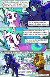 Size: 1990x3072 | Tagged: safe, artist:docwario, imported from derpibooru, princess celestia, princess luna, oc, oc:lump sum, alicorn, earth pony, pony, comic:royal chores, comic, dialogue, royal sisters, speech bubble