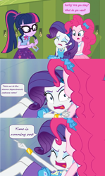 Size: 1600x2688 | Tagged: safe, edit, edited screencap, imported from derpibooru, screencap, pinkie pie, sci-twi, twilight sparkle, equestria girls, equestria girls series, holidays unwrapped, spoiler:eqg series (season 2), bowtie, cellphone, clothes, comic, dialogue, fainted, geode of telekinesis, glasses, lockers, magical geodes, miniskirt, open mouth, phone, pocket, pointing, ponytail, rarity peplum dress, screencap comic, skirt, speech bubble, yelling