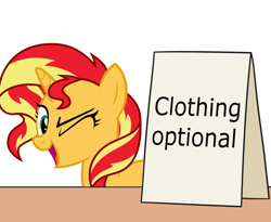 Size: 1100x900 | Tagged: safe, artist:mkogwheel edits, artist:nano23823, edit, imported from derpibooru, sunset shimmer, pony, unicorn, equestria girls, applejack's sign, female, mare, one eye closed, sign, simple background, solo, text, transparent background, vector, we don't normally wear clothes, wink