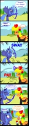 Size: 1135x4924 | Tagged: safe, artist:avchonline, imported from derpibooru, princess luna, oc, oc:sean, alicorn, pegasus, pony, ..., apple, arrow, blushing, bow (weapon), bow and arrow, censored vulgarity, clothes, comic, dialogue, eyes closed, female, flower, flower in hair, food, glowing horn, grawlixes, hoof hold, hoof shoes, horn, impalement, injured, magic, male, mare, onomatopoeia, s1 luna, scared, screw physics, stallion, suit, surprised, telekinesis, weapon, wide eyes