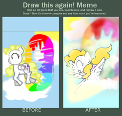 Size: 784x744 | Tagged: safe, artist:wisheslotus, imported from derpibooru, surprise, pegasus, pony, cloud, comparison, draw this again, eyes closed, female, flying, mare, redraw, smiling, sonic rainboom