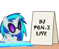 Size: 1076x900 | Tagged: safe, artist:mkogwheel edits, edit, imported from derpibooru, dj pon-3, vinyl scratch, unicorn, applejack's sign, concert, goggles, meme, sign, smiling, text, turntable