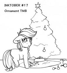 Size: 1064x1167 | Tagged: safe, artist:tillie-tmb, imported from derpibooru, applejack, pony, christmas, christmas ornament, christmas tree, decoration, female, filly, filly applejack, holiday, inktober, inktober 2019, monochrome, solo, tree, younger