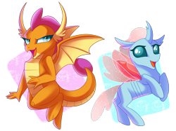 Size: 2732x2048 | Tagged: safe, artist:sacredroses-art, imported from derpibooru, ocellus, smolder, changedling, changeling, dragon, dragoness, duo, female, high res, simple background, transparent background