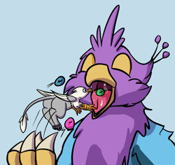 Size: 953x900 | Tagged: safe, artist:gyrotech, artist:swiftsketchpone, imported from derpibooru, oc, oc only, oc:der, oc:gyro feather, oc:gyro tech, griffon, candy, fetish, food, griffonized, imminent vore, male, micro, species swap