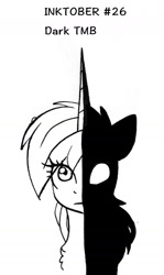 Size: 904x1513 | Tagged: safe, artist:tillie-tmb, imported from derpibooru, oc, oc only, oc:tempest, pony, unicorn, female, inktober, inktober 2019, mare, monochrome, shadow, solo